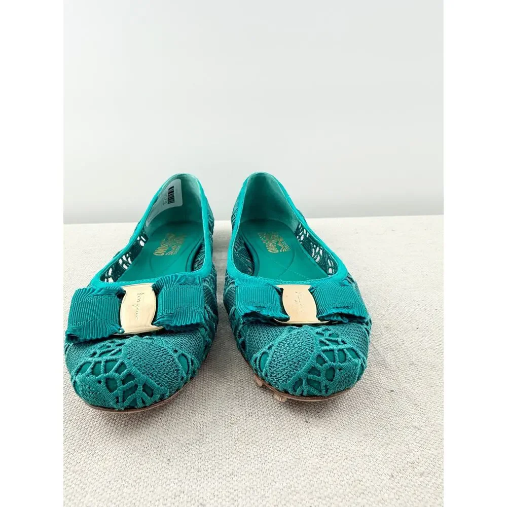 Salvatore Ferragamo Varina Lace Slip On Round Toe Ballet Flat Turquoise Women 40